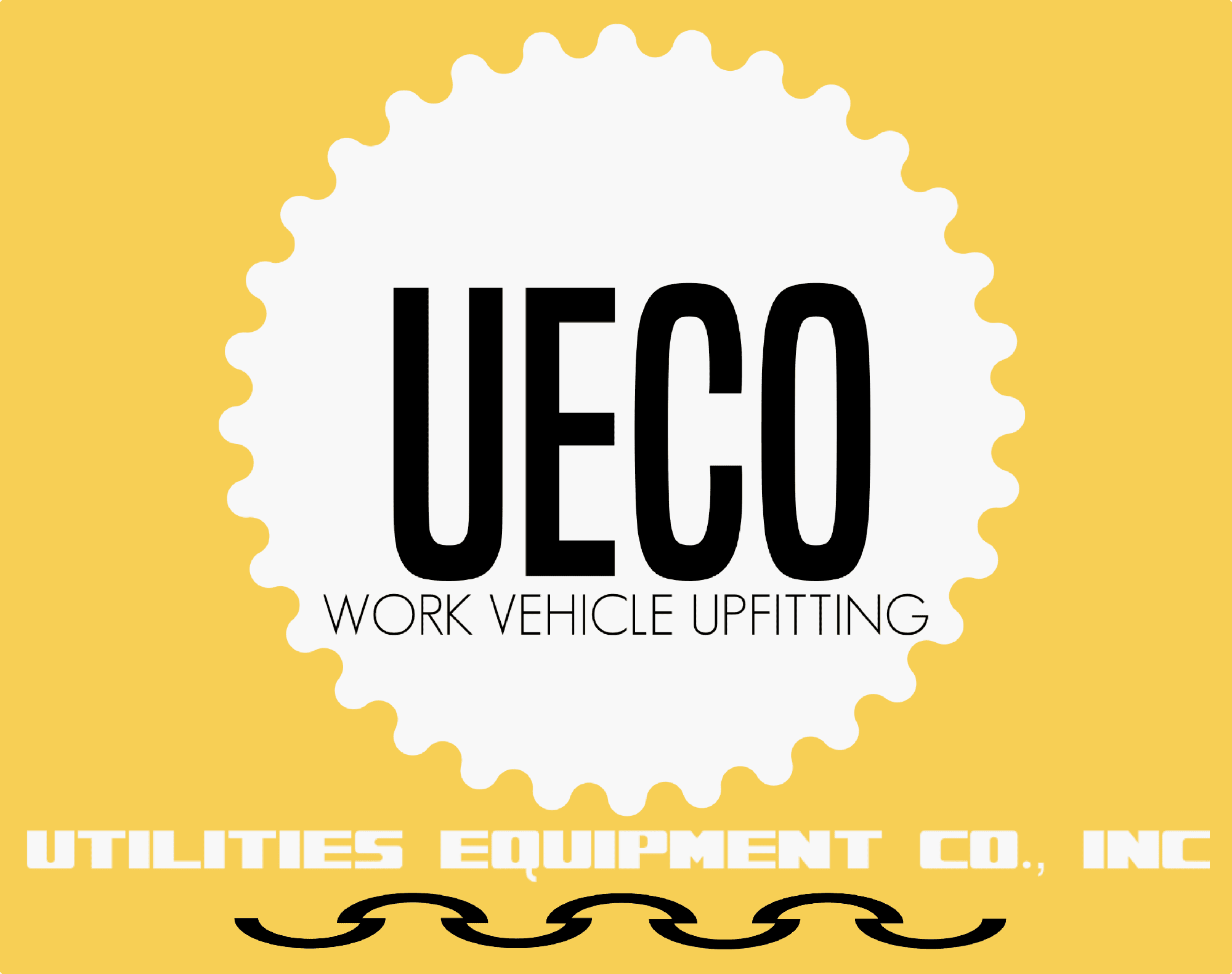 A yellow and white logo with the words ueco work vehicle upfitting.